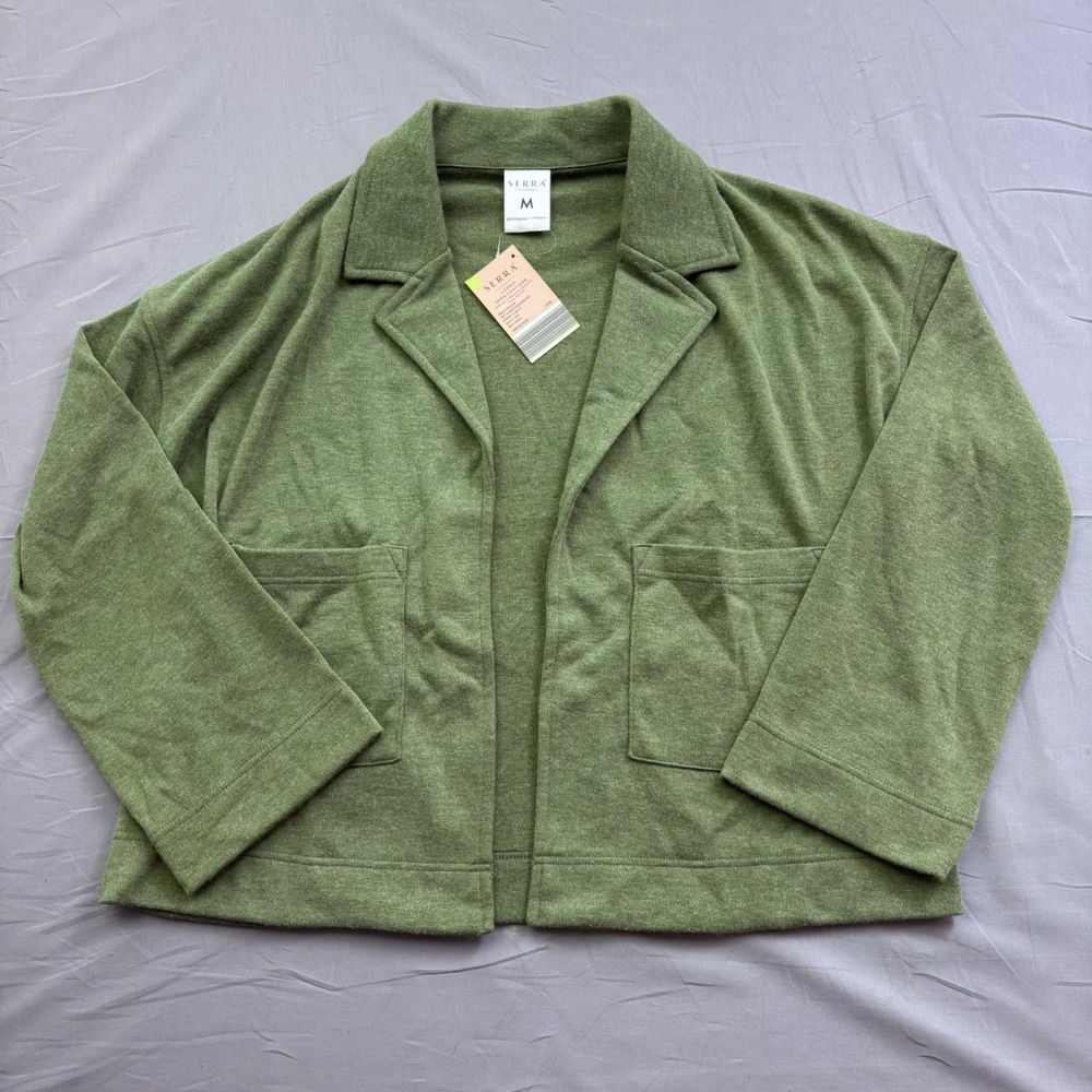 NWT Serra‎ Ladies Open Coatigan Olive Green Knit Jacket Notched Lapel Size M